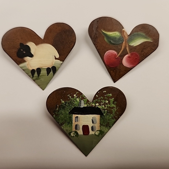 Primitive Folk Art Heart Shaped Brooches With Images of a Lamb, Cherry, & Cottag - Picture 6 of 10